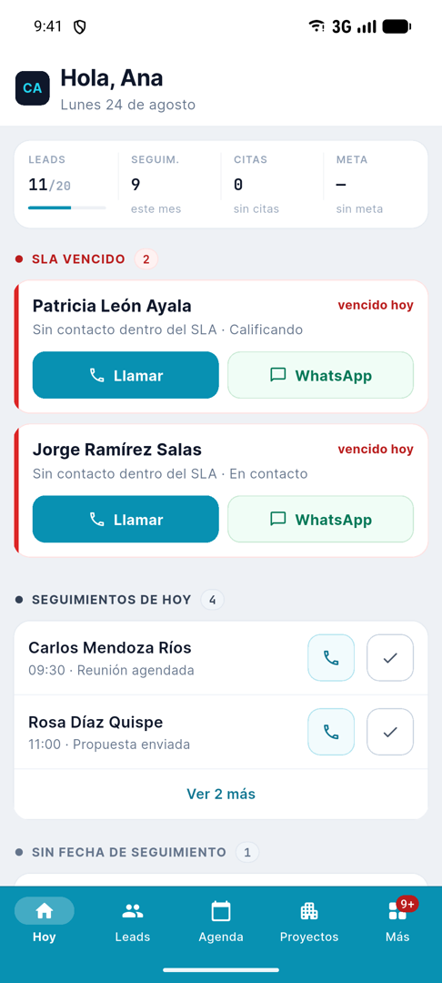 Pantalla Hoy de la app Cronos Comercial con seguimientos atrasados y del día