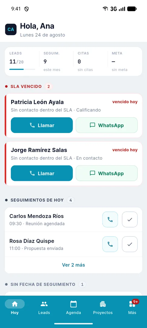 Pantalla Hoy de la app Cronos Comercial con seguimientos atrasados y del día