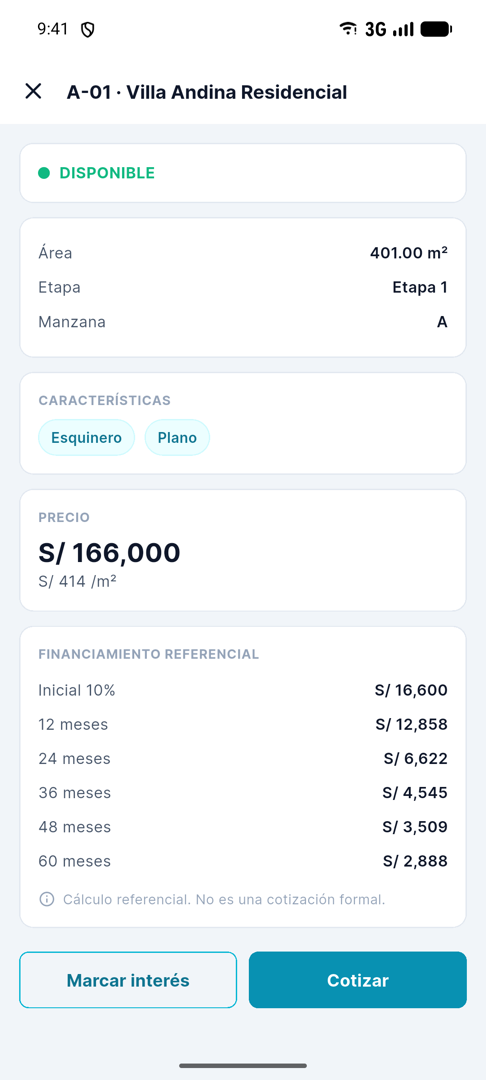 Ficha del lote A-01 con área, manzana, precio y simulación de cuotas de 12 a 60 meses