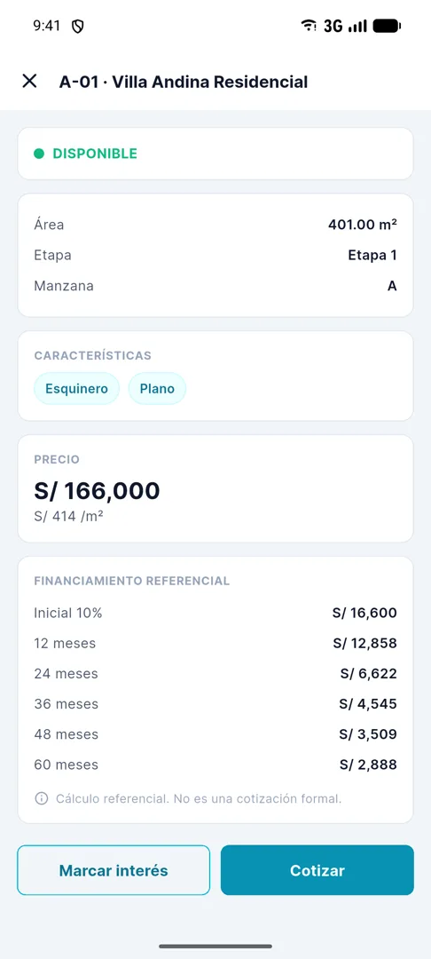 Ficha del lote A-01 con área, manzana, precio y simulación de cuotas de 12 a 60 meses