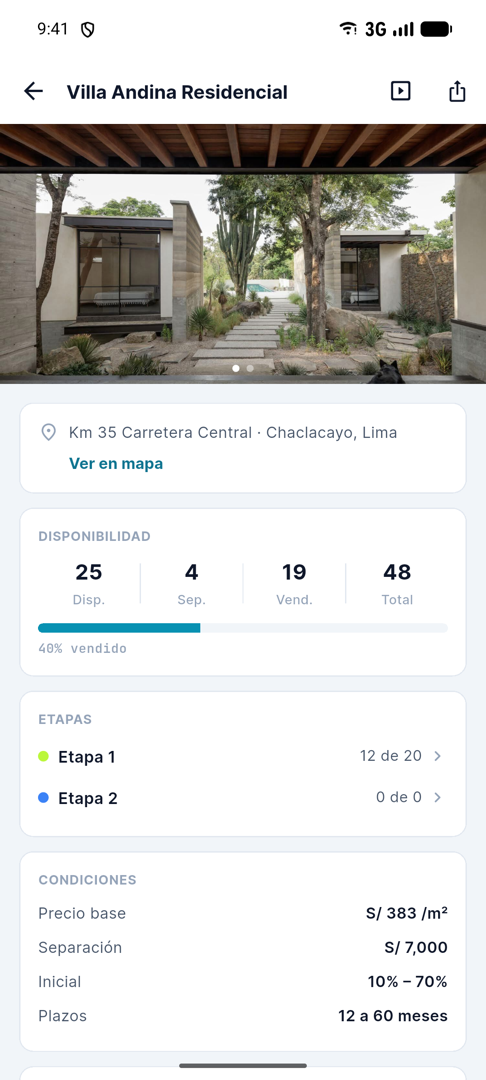 Ficha del proyecto Villa Andina Residencial en la app: galería de fotos, ubicación, disponibilidad por estado, etapas y condiciones comerciales