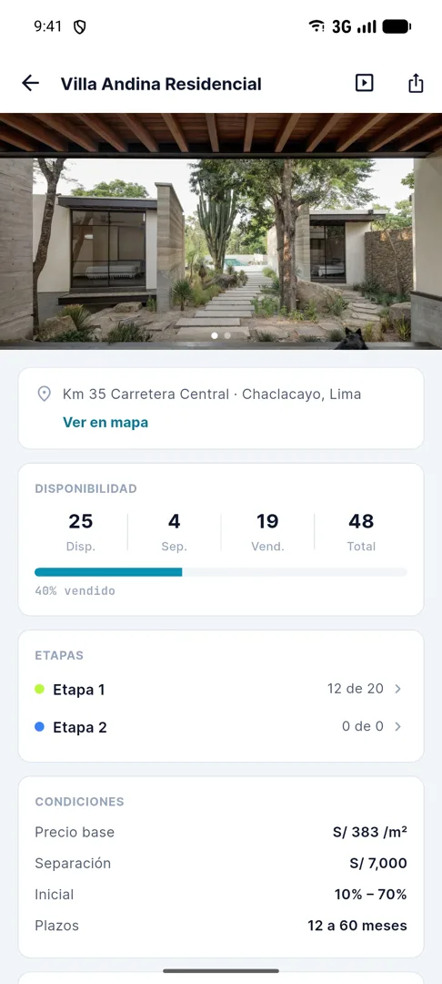 Ficha del proyecto Villa Andina Residencial en la app: galería de fotos, ubicación, disponibilidad por estado, etapas y condiciones comerciales