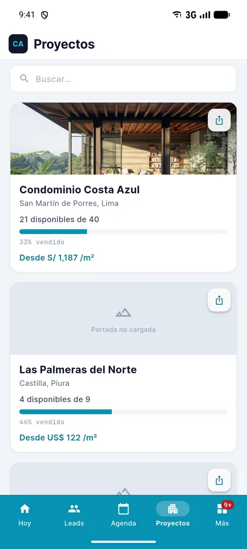 Listado de proyectos de la lotizadora en la app, con foto, ubicación y lotes disponibles de cada uno