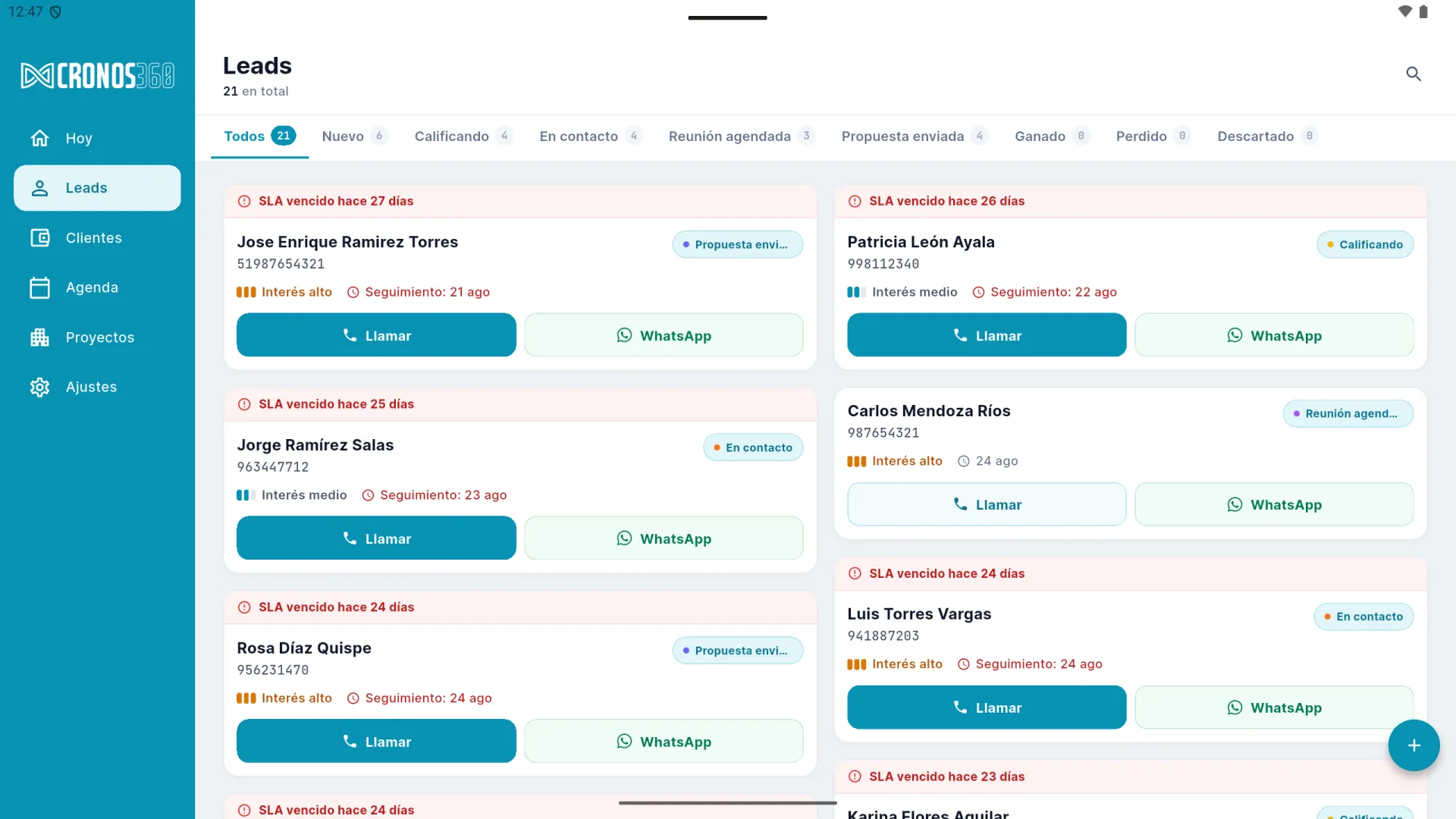 Lista de leads en tablet, en dos columnas, con pestañas por etapa del pipeline y avisos de SLA vencido
