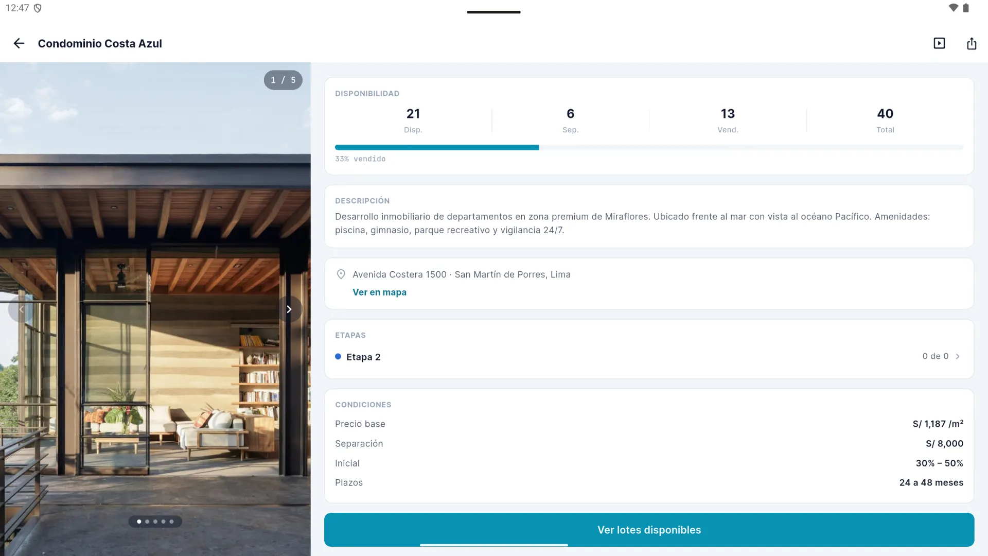 Ficha del proyecto Condominio Costa Azul en tablet: galería a la izquierda, disponibilidad, descripción, etapas y condiciones a la derecha