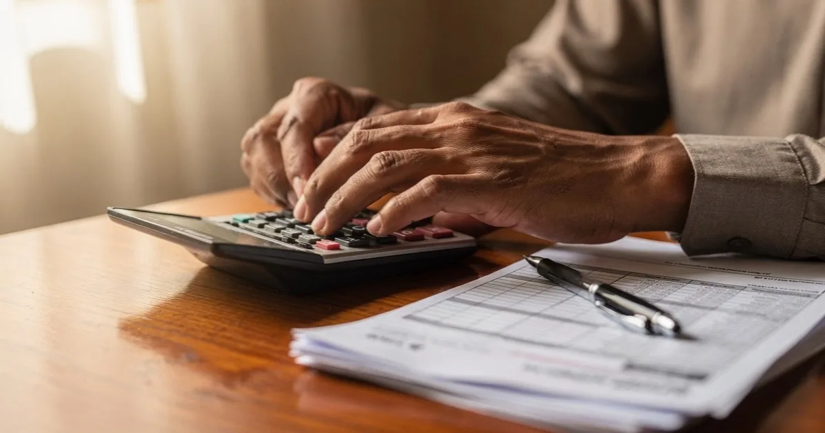 Manos usando una calculadora junto a un cronograma de pagos impreso