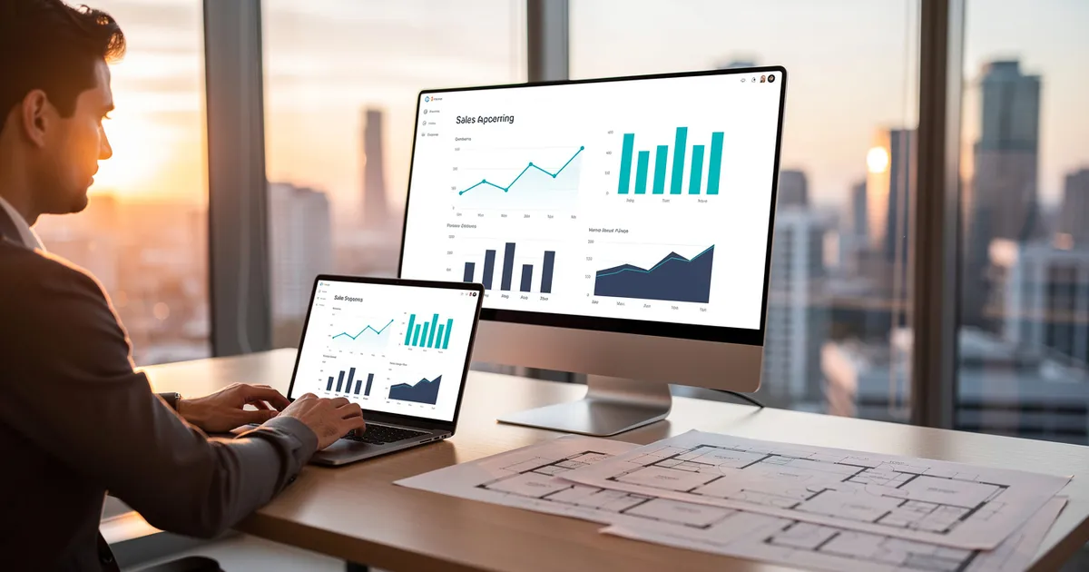 Oficina de una inmobiliaria con un panel de ventas de CRM inmobiliario en pantalla