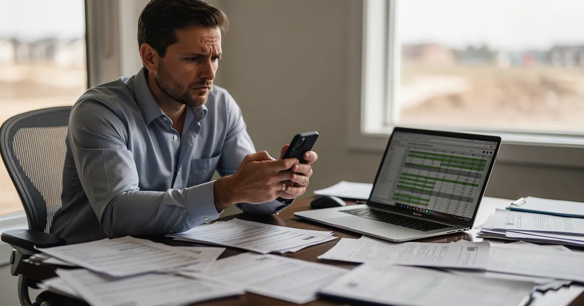 Asesor inmobiliario preocupado mirando su celular en una oficina de ventas de lotes