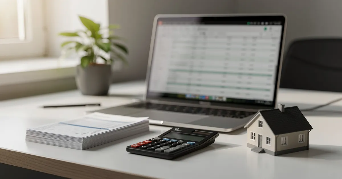 Escritorio contable de una inmobiliaria con laptop, comprobantes y una maqueta de casa