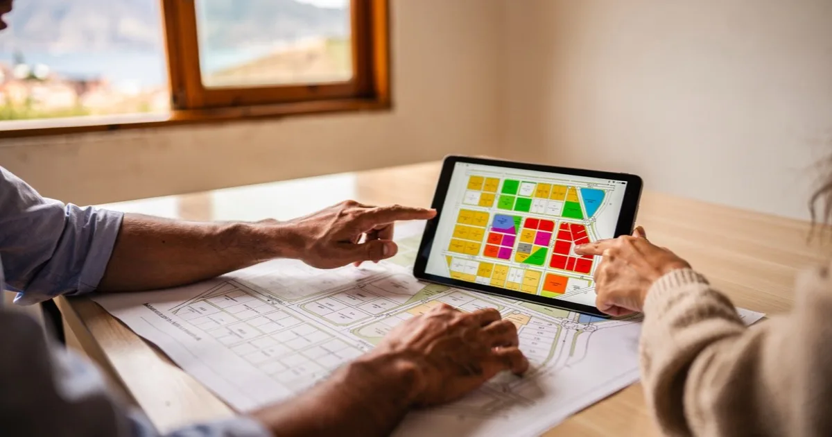 Dos personas señalan una tablet con el plano de lotes a color sobre el plano impreso