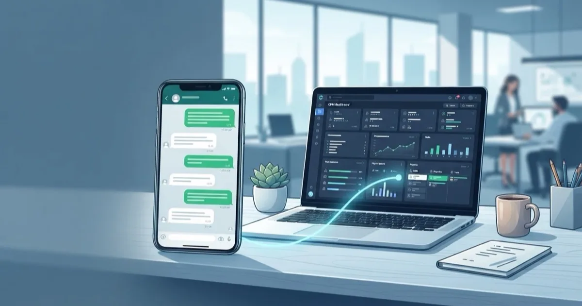 Un celular con una conversación de WhatsApp conectado a un panel de CRM en una laptop
