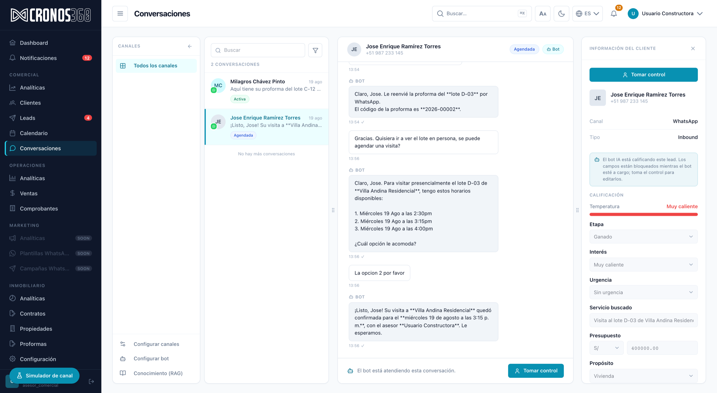 El bot de Cronos360 atendiendo un lead por WhatsApp mientras el panel lateral muestra la calificación IA: temperatura, etapa, interés, presupuesto y propósito