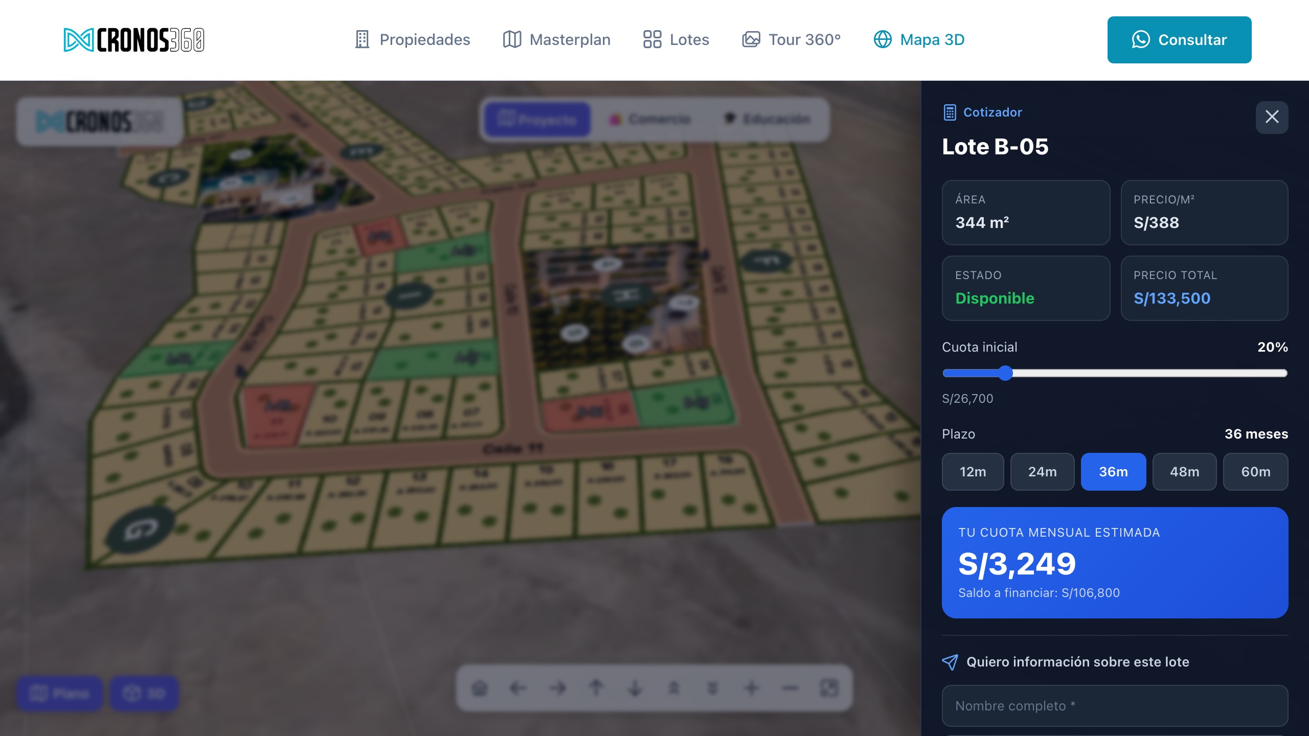 Geoportal 3D de Villa Andina Residencial: la lotización georreferenciada sobre la imagen satelital con cada lote pintado según su estado, y el cotizador del lote B-05 abierto mostrando área, precio, cuota inicial, plazo y cuota mensual estimada