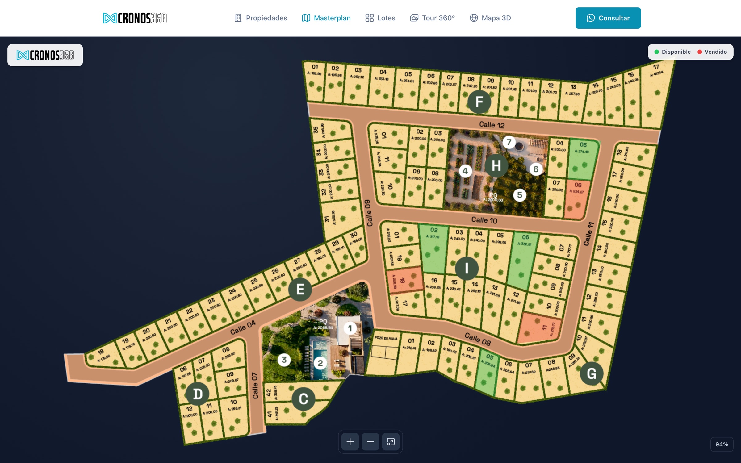 Masterplan interactivo de Villa Andina Residencial con los lotes numerados, su área, las calles del proyecto y el estado de cada lote en tiempo real