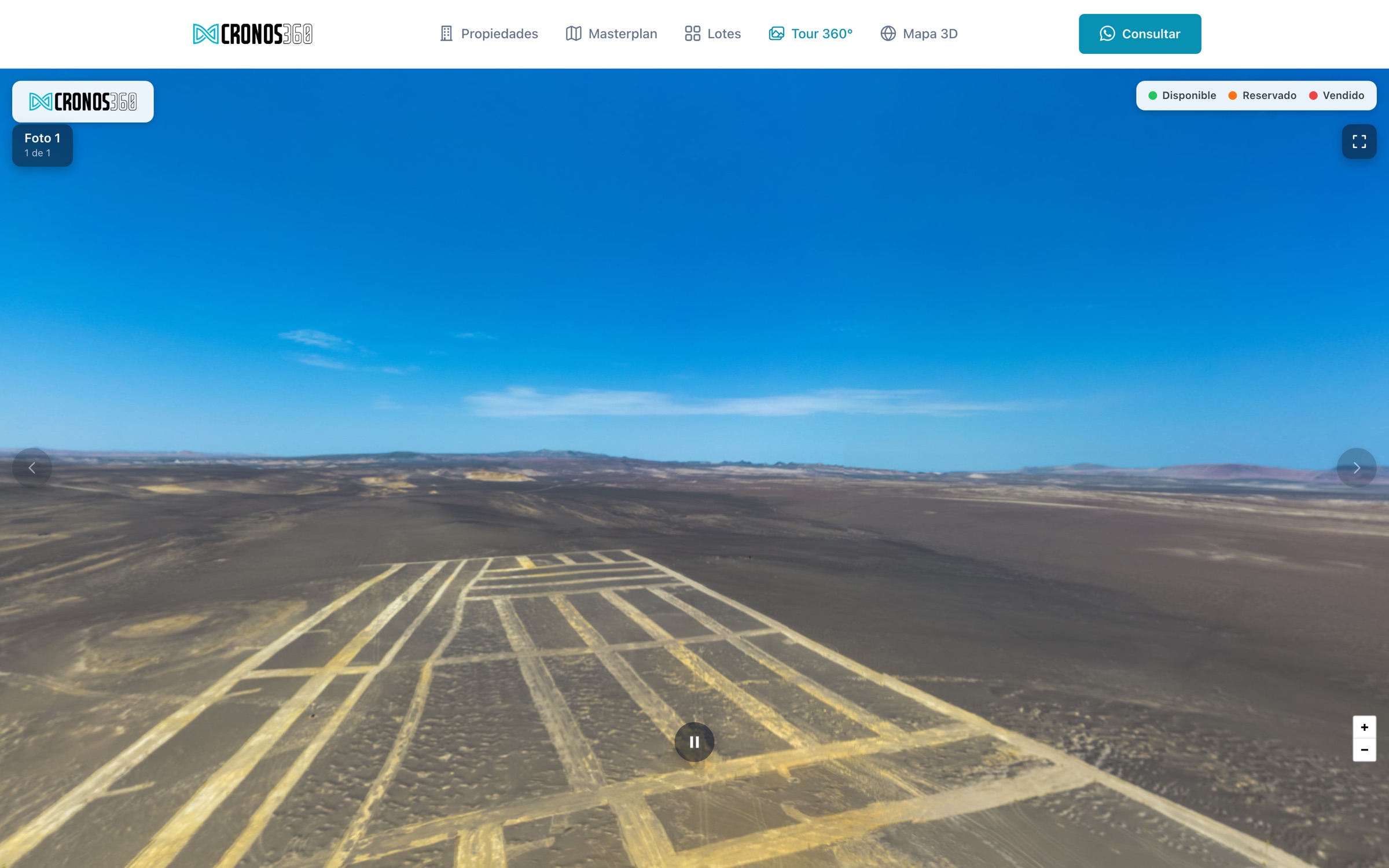 Recorrido 360° de Villa Andina Residencial: foto aérea del terreno con la lotización trazada y la leyenda de disponible, reservado y vendido