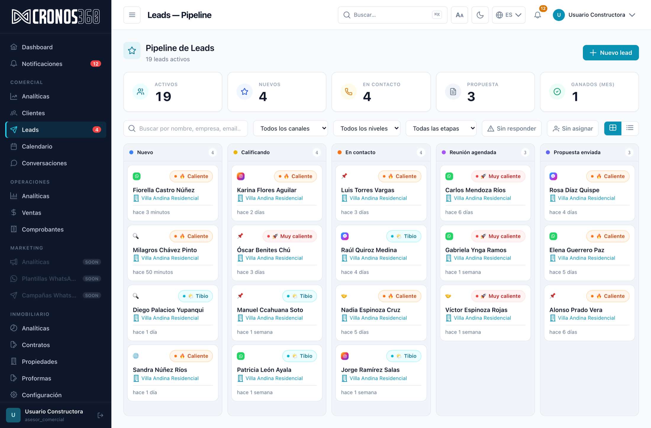 Pipeline de leads de Cronos360: columnas por etapa con el canal de origen, el nivel de interés y el proyecto de cada lead