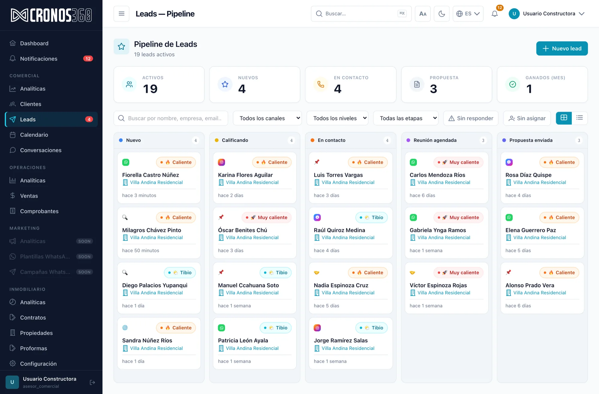 Pipeline de leads de Cronos360: columnas por etapa con el canal de origen, el nivel de interés y el proyecto de cada lead