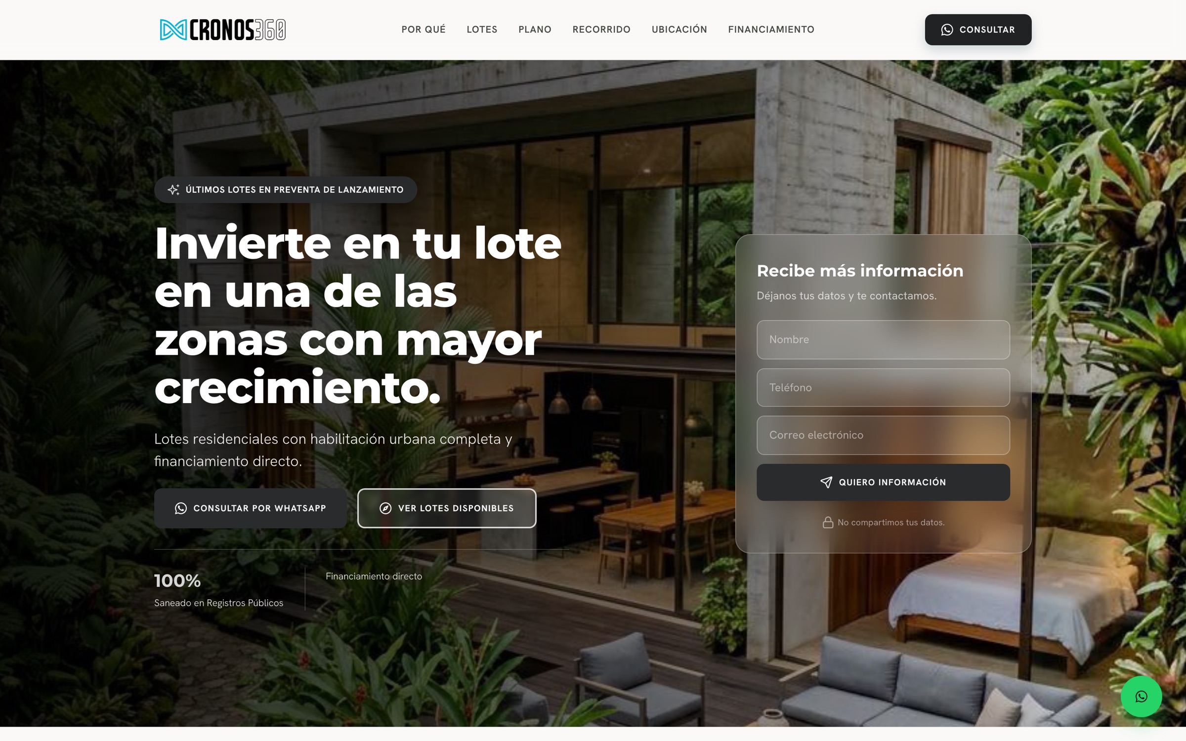 Landing pública del proyecto Villa Andina: portada con la propuesta de valor, formulario de captación de leads y accesos al plano, el recorrido y el financiamiento