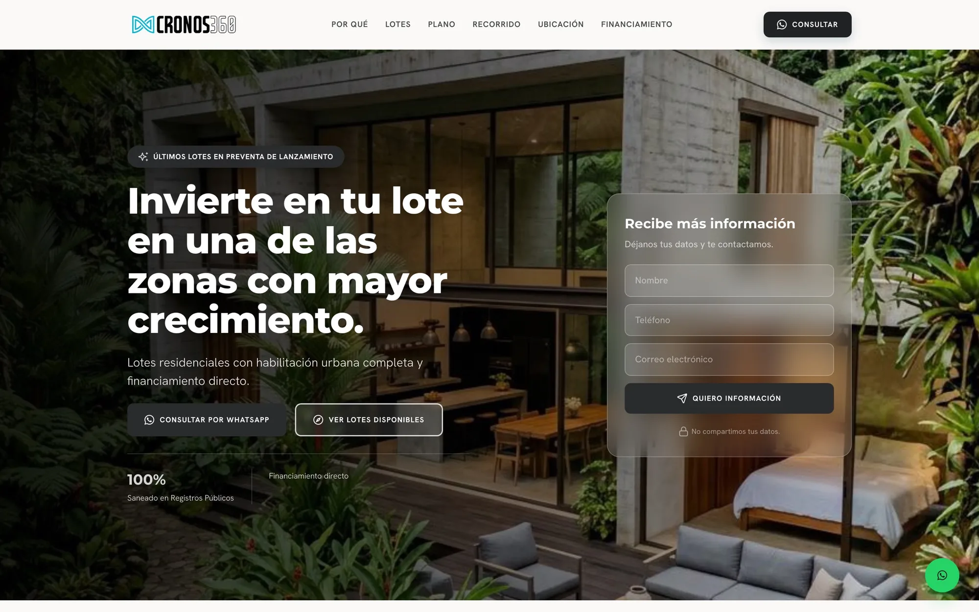 Landing pública del proyecto Villa Andina: portada con la propuesta de valor, formulario de captación de leads y accesos al plano, el recorrido y el financiamiento